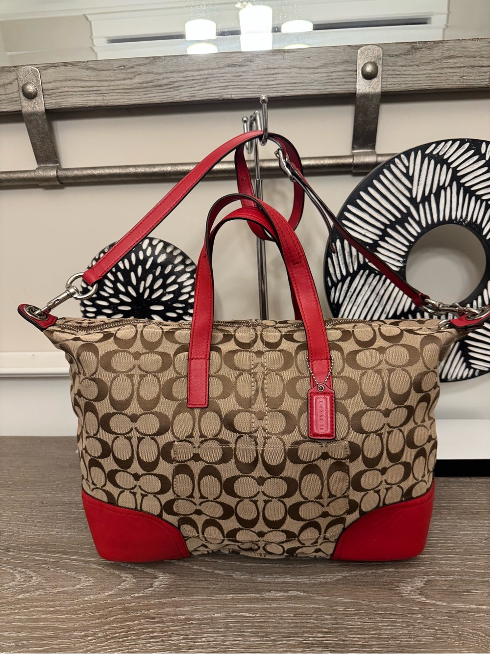 Coach Hadley Signature Canvas Tote with Red Leather Trim